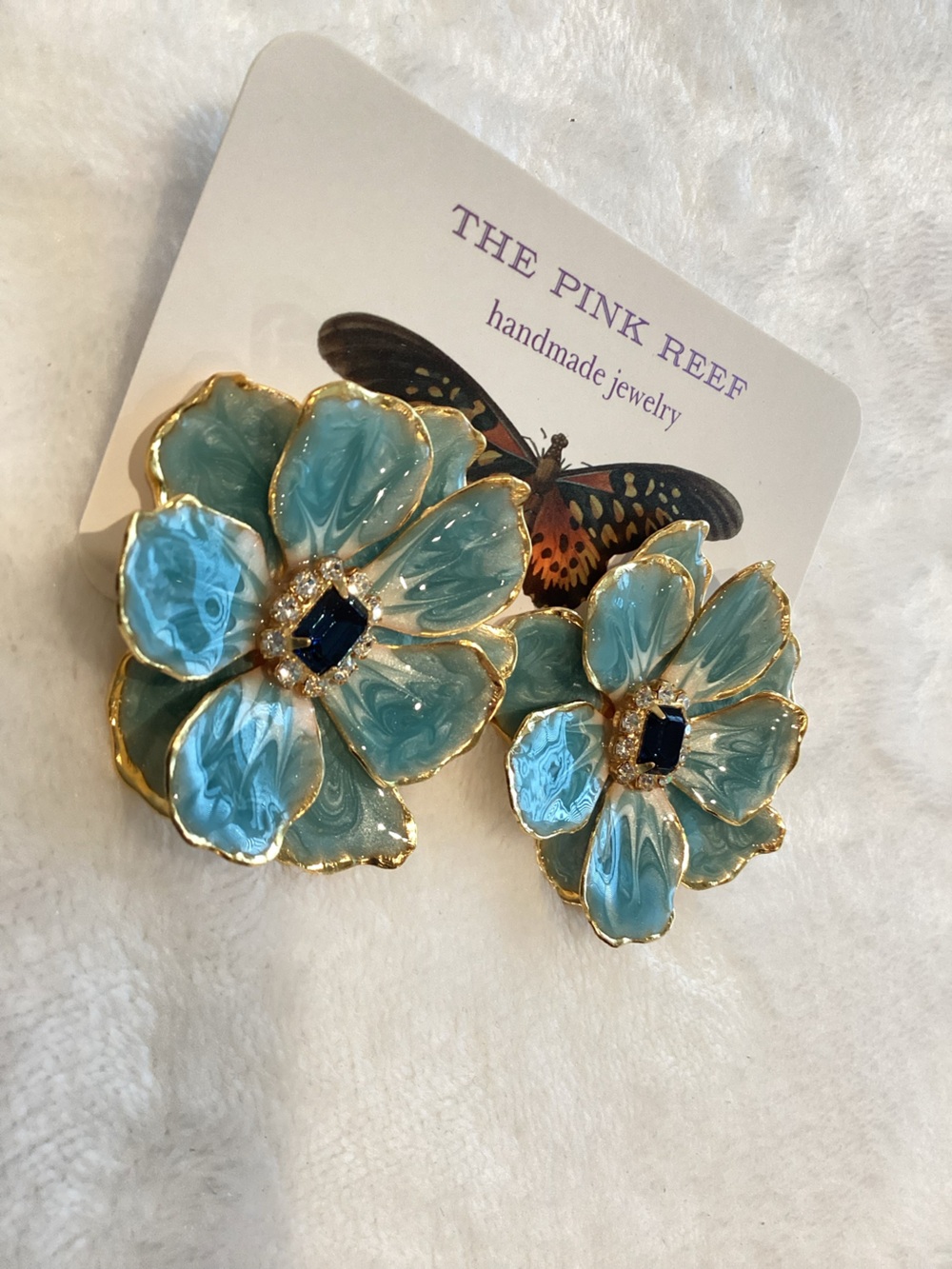 Anthropologie The Pink Reef Handpainted Earrings New Light Blue Flowers - Picture 7 of 9